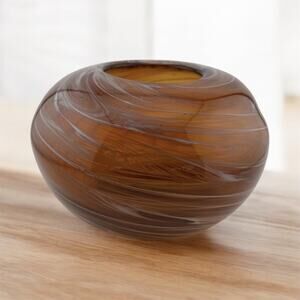 Hand Blown Glass Bowl Brown White Swirls 6 Inch Wide Murano Style